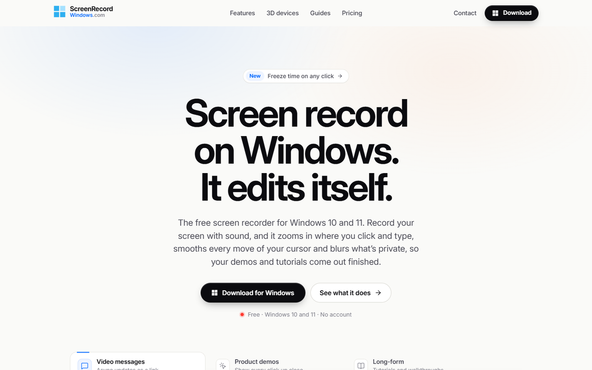Skjermbilde av screenrecordwindows.com: ScreenRecordWindows.com er en gratis skjermopptaker for Windows 10 og 11 som zoomer, glatter ut musepekeren og sladder private opplysninger automatisk.
